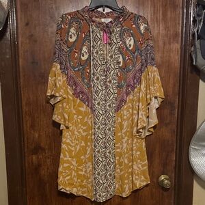 Umgee Mustard Paisley Mixed-Print Ruffle Sleeve Tunic/Dress